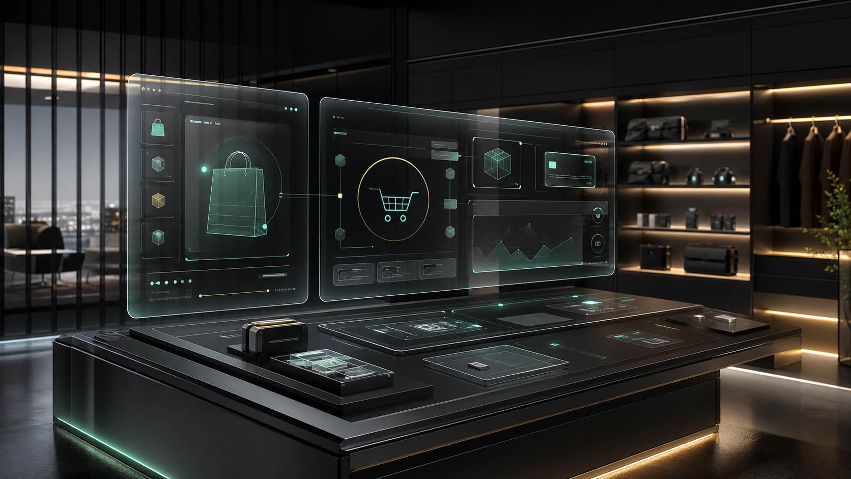 High-ticket commerce command room with floating proof panels and buyer decision layers