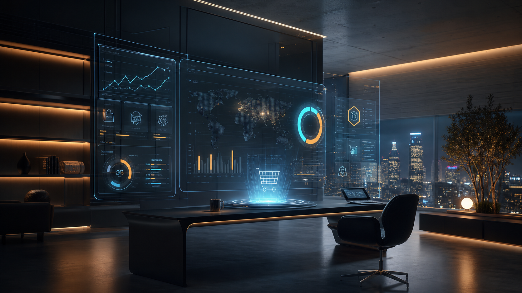 Cinematic AI commerce command surface with checkout, order proof, payment boundary, and launch evidence panels